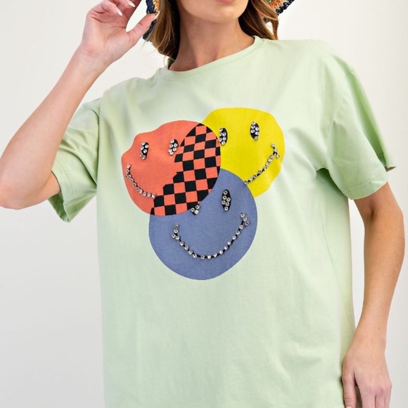 NEW EASEL BEDAZZLED SMILEY FACE COTTON JERSEY KNIT TOP T SHIRT SMALL GREEN - Picture 4 of 5